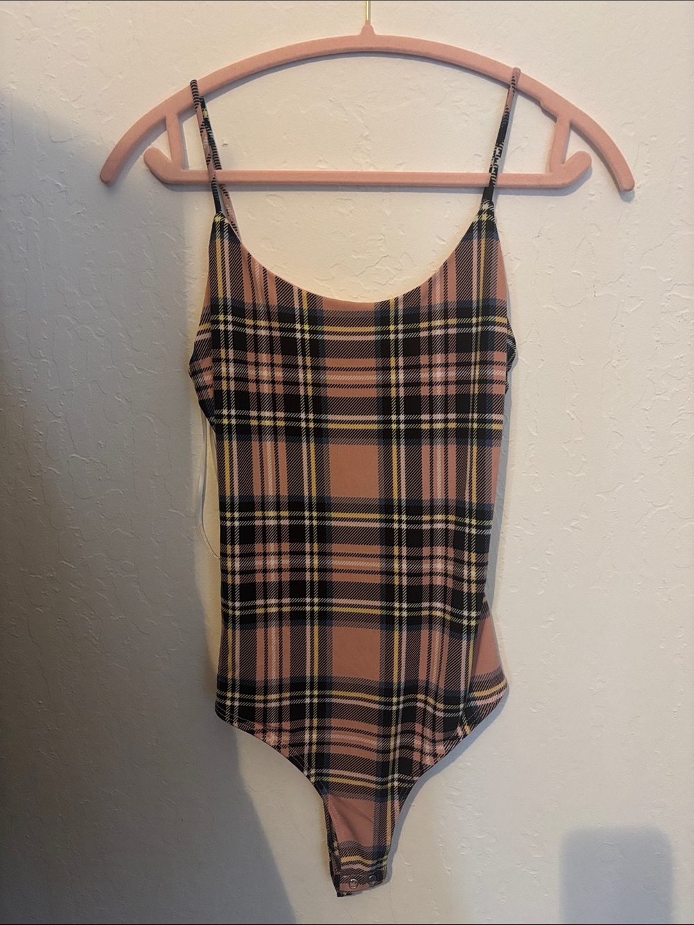 Lovely Day Pink and Black Plaid Slim-Strap Bodysuit